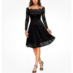 Missmay Retro Lace Off Shoulder Midi Dress XS Black Midi 50s